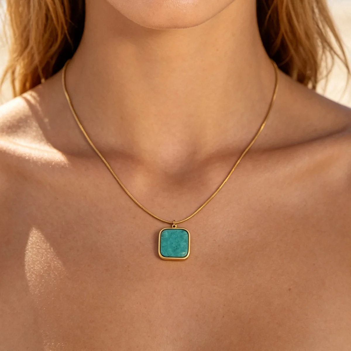 Retro Naturstein Quadratische Anhänger-Halsketten für Frauen, Goldfarben Edelstahl Blaue Stein Quadratische Halskette, Schmuck Geschenk