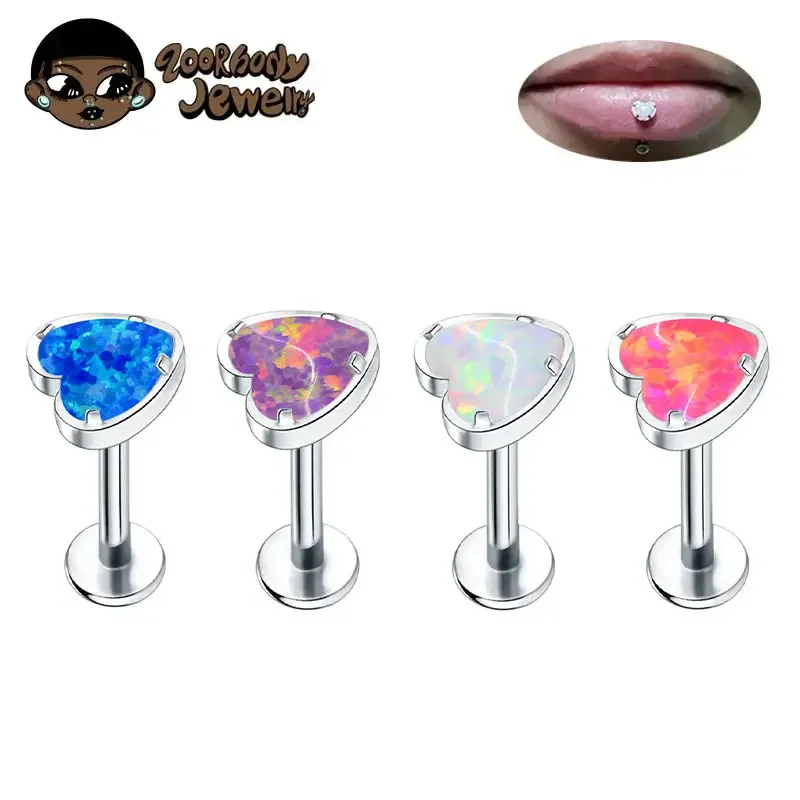 G23 Titanium Heart Lip Labret Piercing Opal Stone Internal Thread Helix Tragus Conch Piercing Ear Cartilage 4/5/6/7/8/9/10/12mm