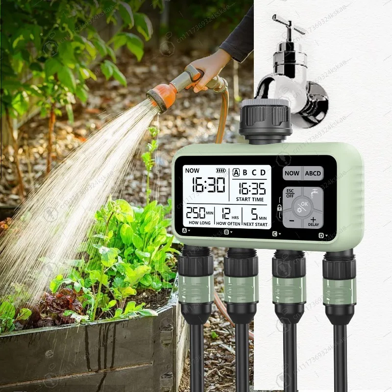 Outdoor Garden Smart Watering Controller, 4‑Valve Separate Control Large‑Display Timer for Automatic Horticulture Irrigation