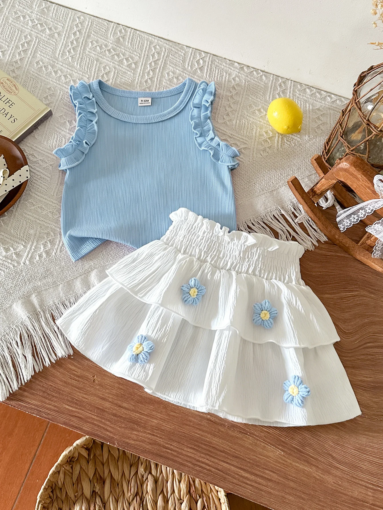 Baby Girls 2Pcs Outfit Ruffle Sleeveless Tank Top Floral Layered Skirt Summer Clothes Se