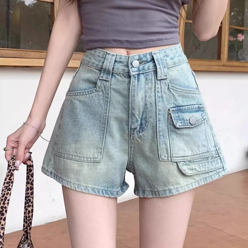 

Retro Hot Girl Large Size Dressing Denim Shorts Women's High Waist Design Loose A-line Wide-leg Pants