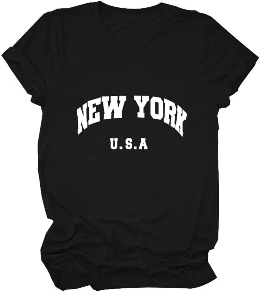 New York USA T-Shirt, Funny New York City Shirt Womens Crewneck Classic Vintage NYC Tee United States America Tops