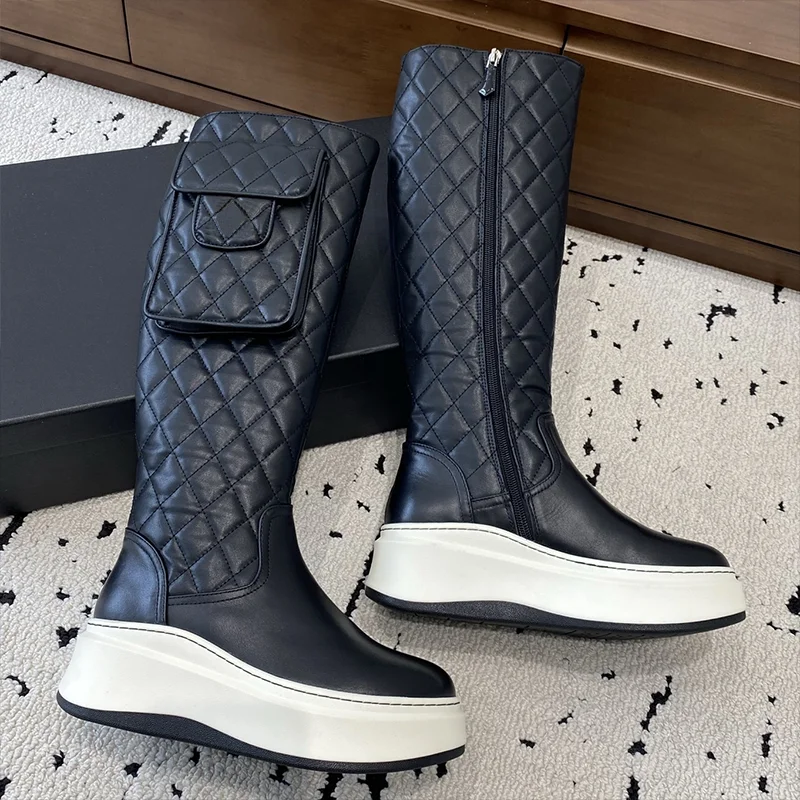 

High quality fall winter women's platform knee length boots with diamond pattern suede/ washed denim fabric 25110805