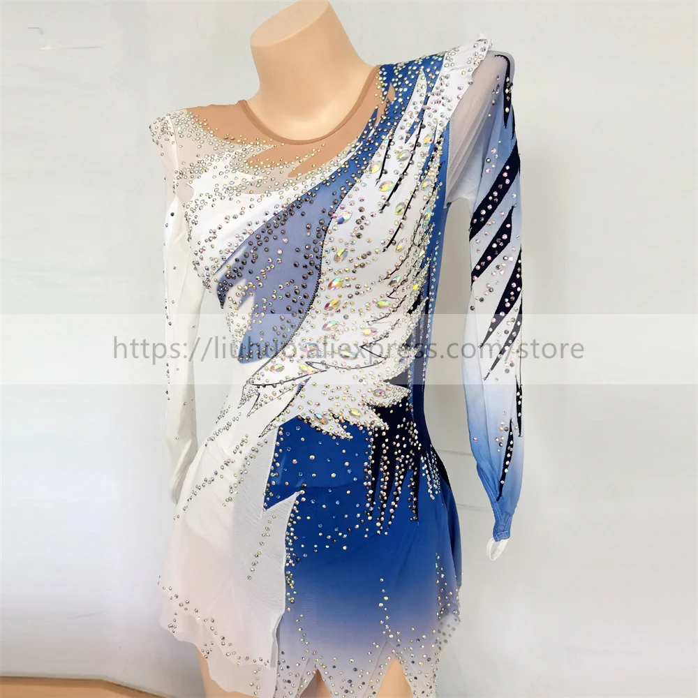 LIUHUO Women Aldult Girl Customize Costume Performance Competition Leotard Ice Figure Skating Dress Roller Gradient Blue White