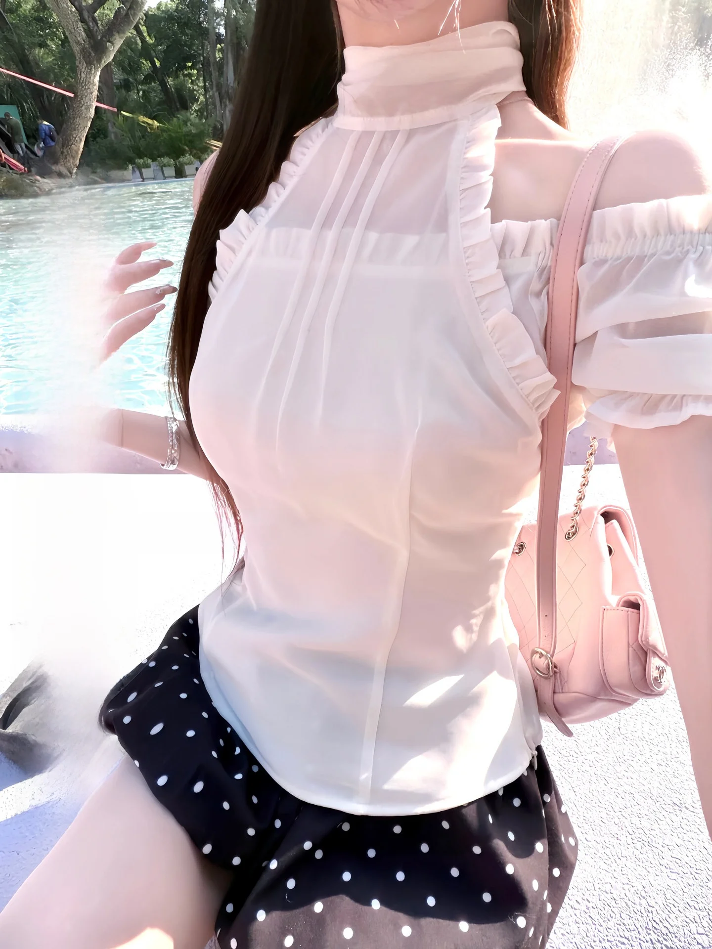 

White Water Girl Pearl Girl One oulder Pleated White Chiffon Top Women's Spring Gentle Fake Two-Piece Hanging Ne irt