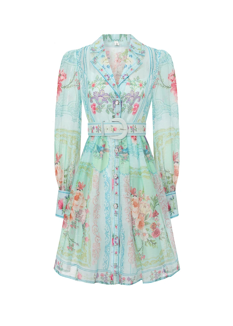 

Vintage Floral Shirt Dress Women Long Sleeve Lapel Belted Mini Dress Elegant Spring Summer Party Office Lady Co-ord Outfit