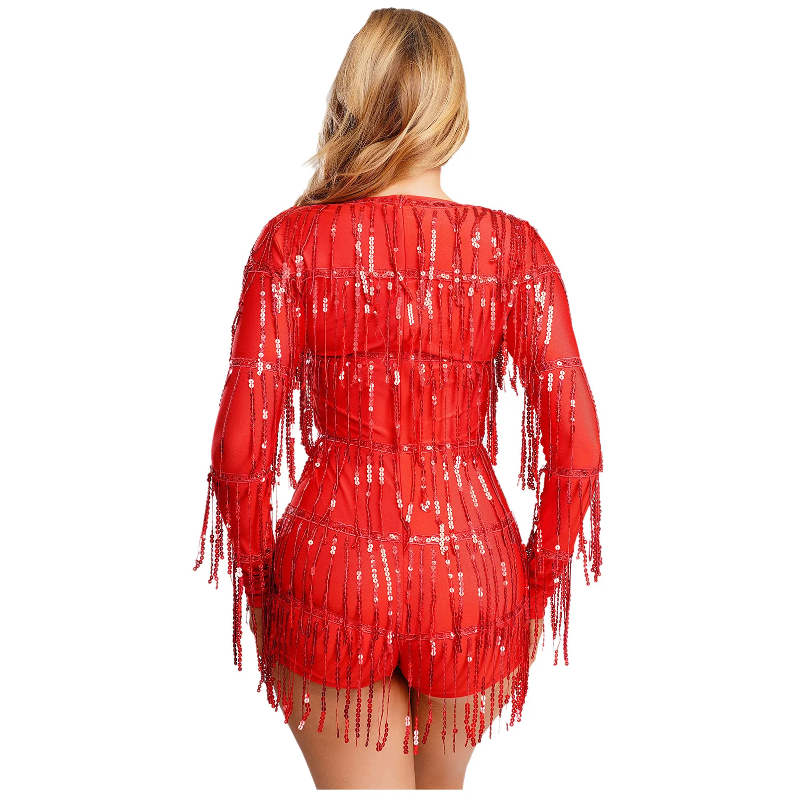 レディース グリッター フリンジ タッセル ボーイショーツ ボトム ジャンプスーツ Vネック 長袖 ティアード ロンパース ボディスーツ クラブウェア ポールダンス コスチューム