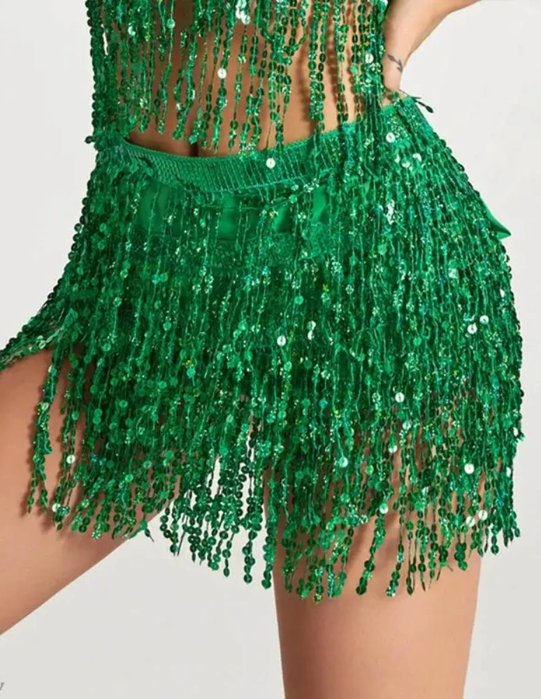 Damen Pailletten-Quasten-Bauchtanzrock Glänzende Perlen Taillenkette Saumrock Bohemian Taillenrock Gürtel – Detail 7