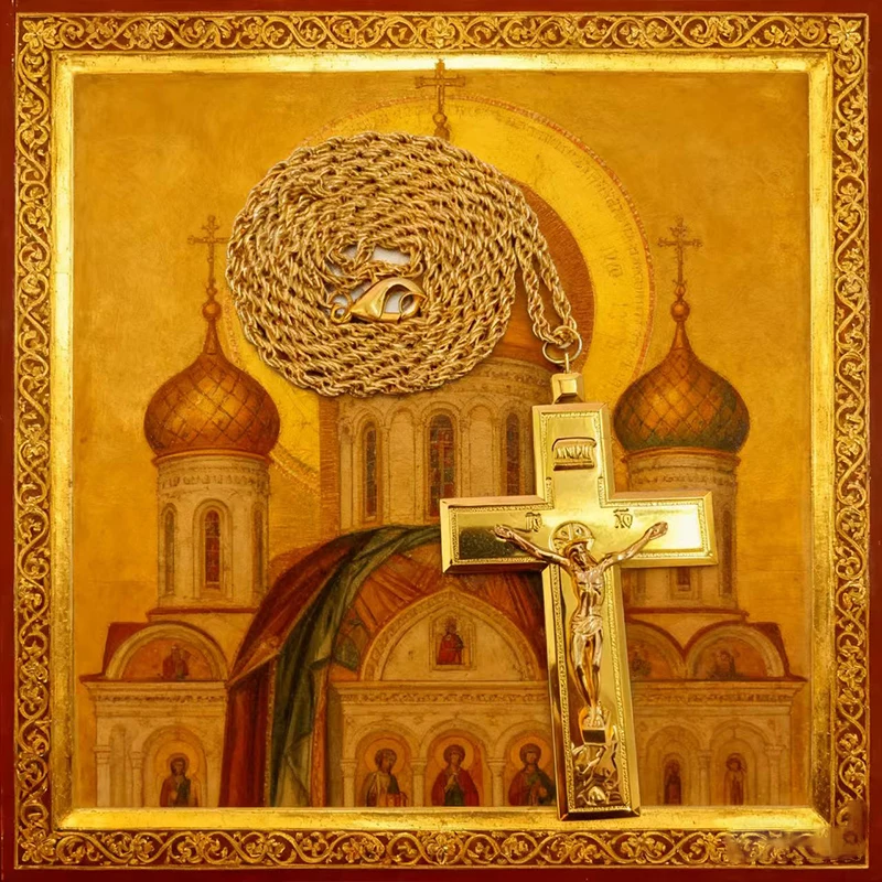 Neu2026 Ostorthodoxes Kruzifix-Anhänger mit Kette, vergoldet und versilbert, aus Legierung, christliche Halskette, religiöse Deluxe-Geschenkbox – Detail 6
