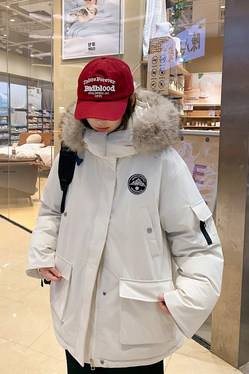 Women Short Parka Cotton Padded Jacket Faux Fur Hood Loose Workwear Winter Coat Outdoor Warm Couple Matching Outerwear