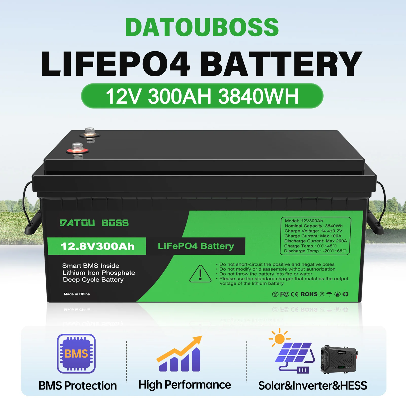 Datouboss 12V 300Ah LiFePO4 Deep Cycle Battery Built in BMS, High Performance for Solar, Inverter, HESS, 3840Wh