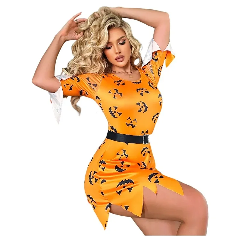 Toucheart هالوين تأثيري مثير المرأة اللباس موحدة اليقطين الطباعة مجموعة ضئيلة عالية الخصر فتاة مثيرة للاهتمام اللباس موحدة مجموعة #6