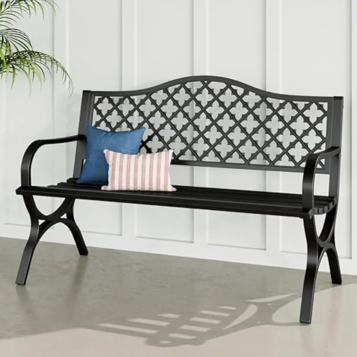 50 Inch Vintage Style Outdoor Bench with Clover Motif Backrest Iron Frame Black Finish Weather Resistant Electrophoretic Coating