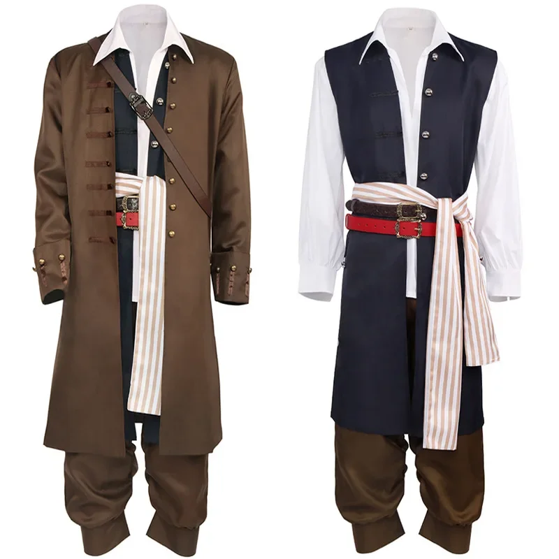 Movie Pirates of the Caribbean Cosplay Costume Captain Jack Sparrow COS Full Suit Set Halloween Party Performance Wear for Men