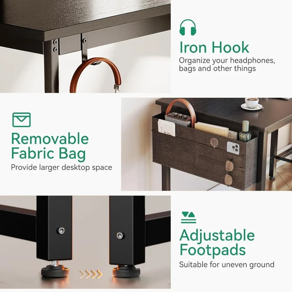 4つのファブリック引き出し、収納、サイドフック付きの32インチコンパクトコンピューターデスク、モダンスタイルのホームオフィスデスク