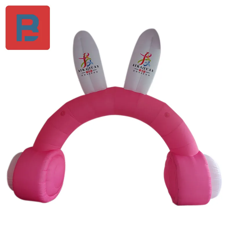 Inflatable cartoon cute pink rabbit ear wearing earphone arch air mold opening ceremony drainage door head creative props