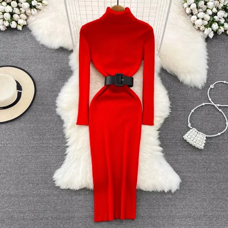 Elegancki golf z długim rękawem dzianina miękka obcisła sukienka ołówkowa z paskiem szczupła moda ciepły sweter Vestido Sexy kobiety zimowa szata