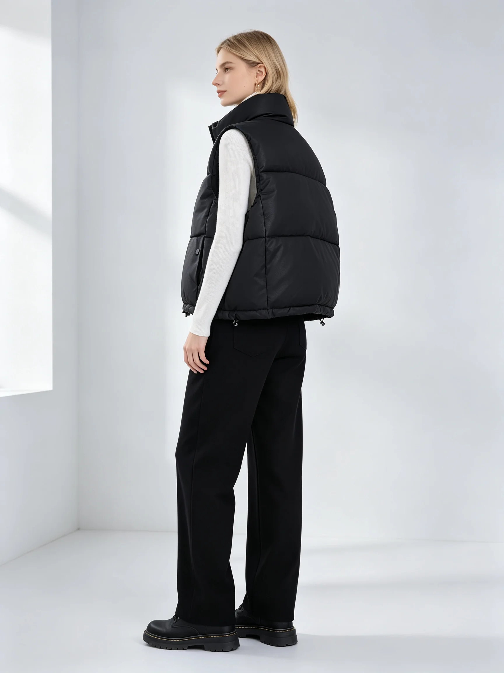 Women Stand Collar Padded Vest Casual Sleeveless Cotton Coat Loose Fit Drawstring Hem Warm Outerwear Gilet for Autumn Winter
