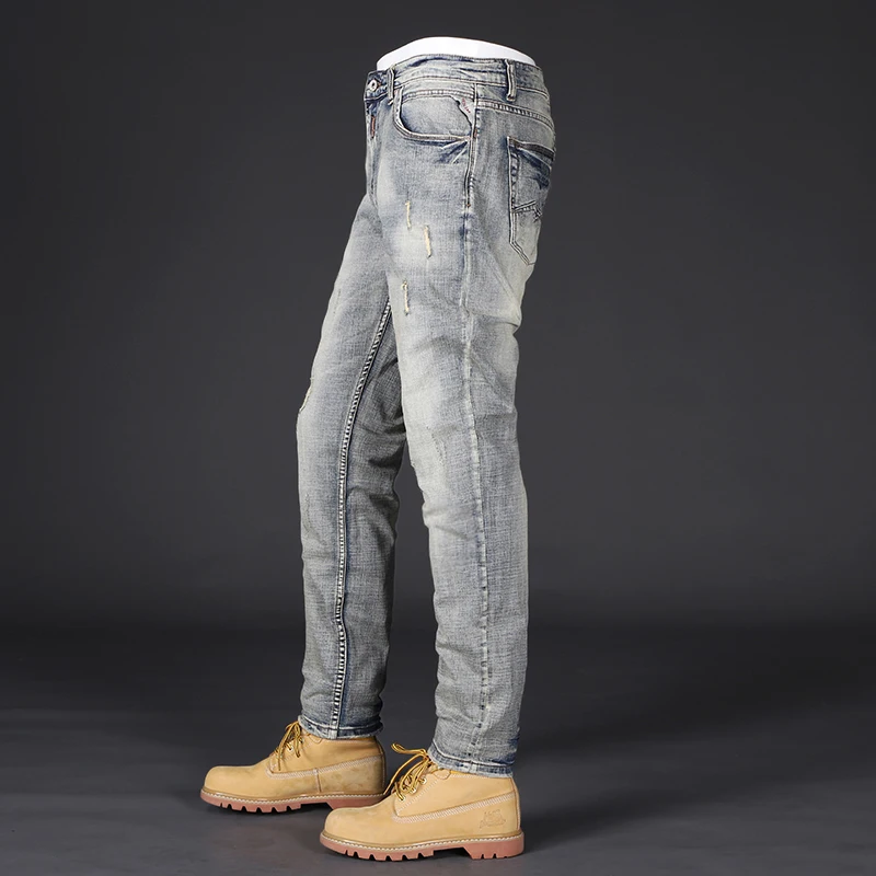 Newly Designer Fashion Men Jeans Retro Yellow Blue Elastic Slim Fit Ripped Jeans Men Italian Vintage Casual Denim Pants Hombre