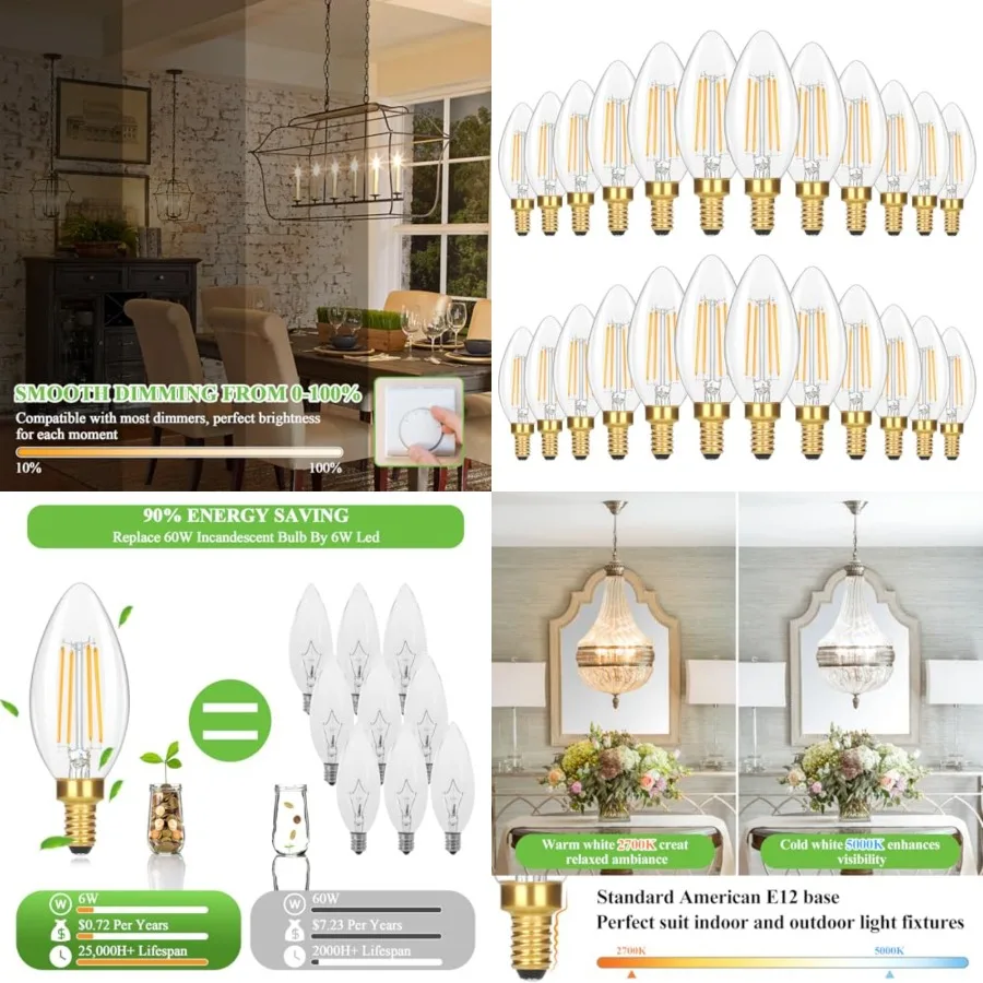 

24-Pack Dimmable E12 Candelabra Light Bulbs 60 Watt Equivalent, 2700K Soft 6W LED Chandelier Light Bulb, Super Bright 630LM LED