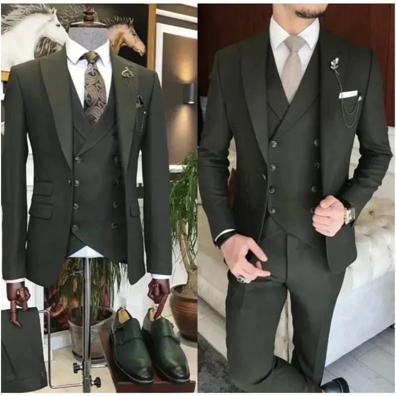 New Business Khaki Formal Men\'s Slim Fit Suits 3 Pieces Wedding Groom Prom Terno Masculino Custom Blazer Jacket Vest Pant Sets