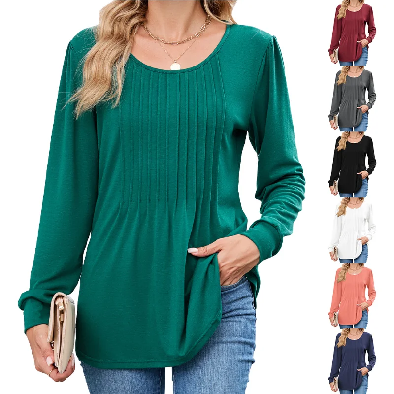 

Осень-зима, однотонная свободная футболка с круглым вырезом и длинными рукавами, женский топ