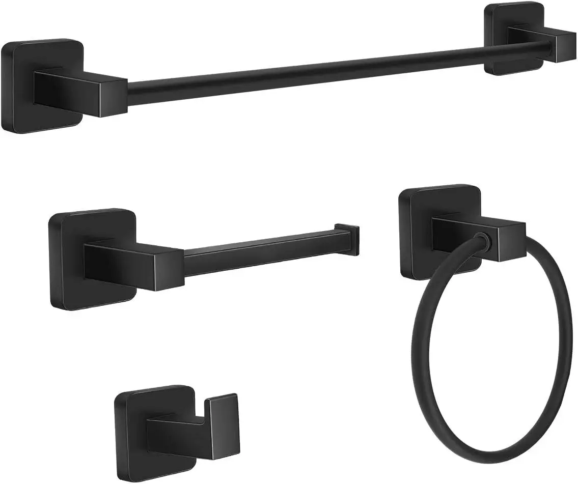 

Matte Black Bathroom Hardware Set: 4-Piece Towel Bar, Ring, Hooks & Toilet Paper Holder