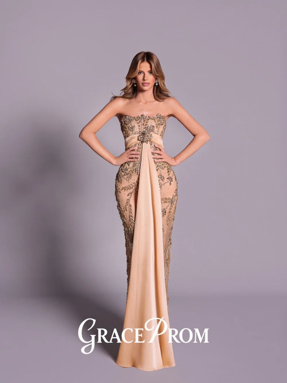 

GraceProm Elegant Strapless Evening Dress 2026 Floral-Embroidered Carpet Gown Romantic A-line Floor-Length Party Gown فساتي