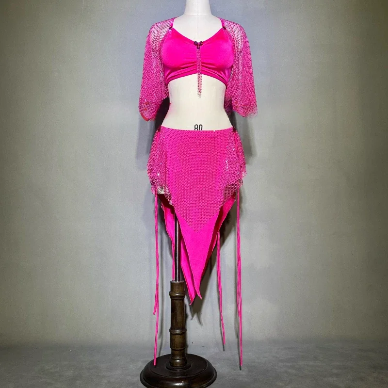 

BellyDancing Performance Costume Set Women's AB Stones Top+tassel Skirt 2pcs Oriental Belly Dancing Practice Professional Outfit
