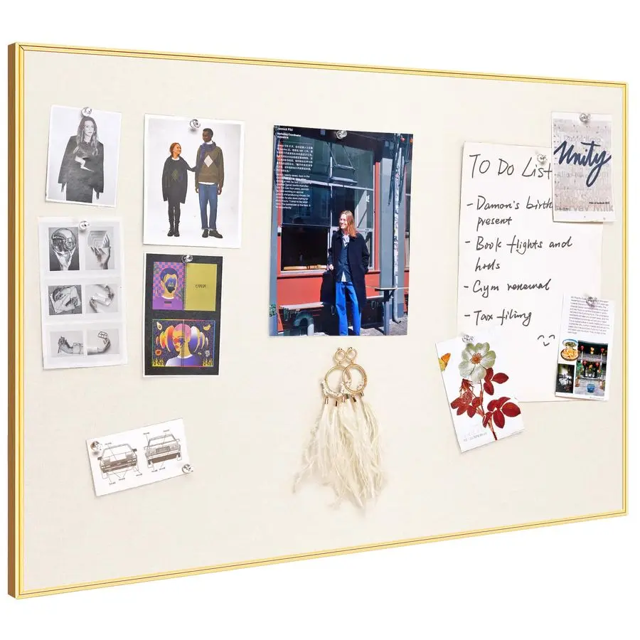 

Bulletin Board 30 x 20 inches, Oatmeal White Pin Board Vision Board, Golden Aluminum Framed Fabric Cork Board with 10 Push Pins