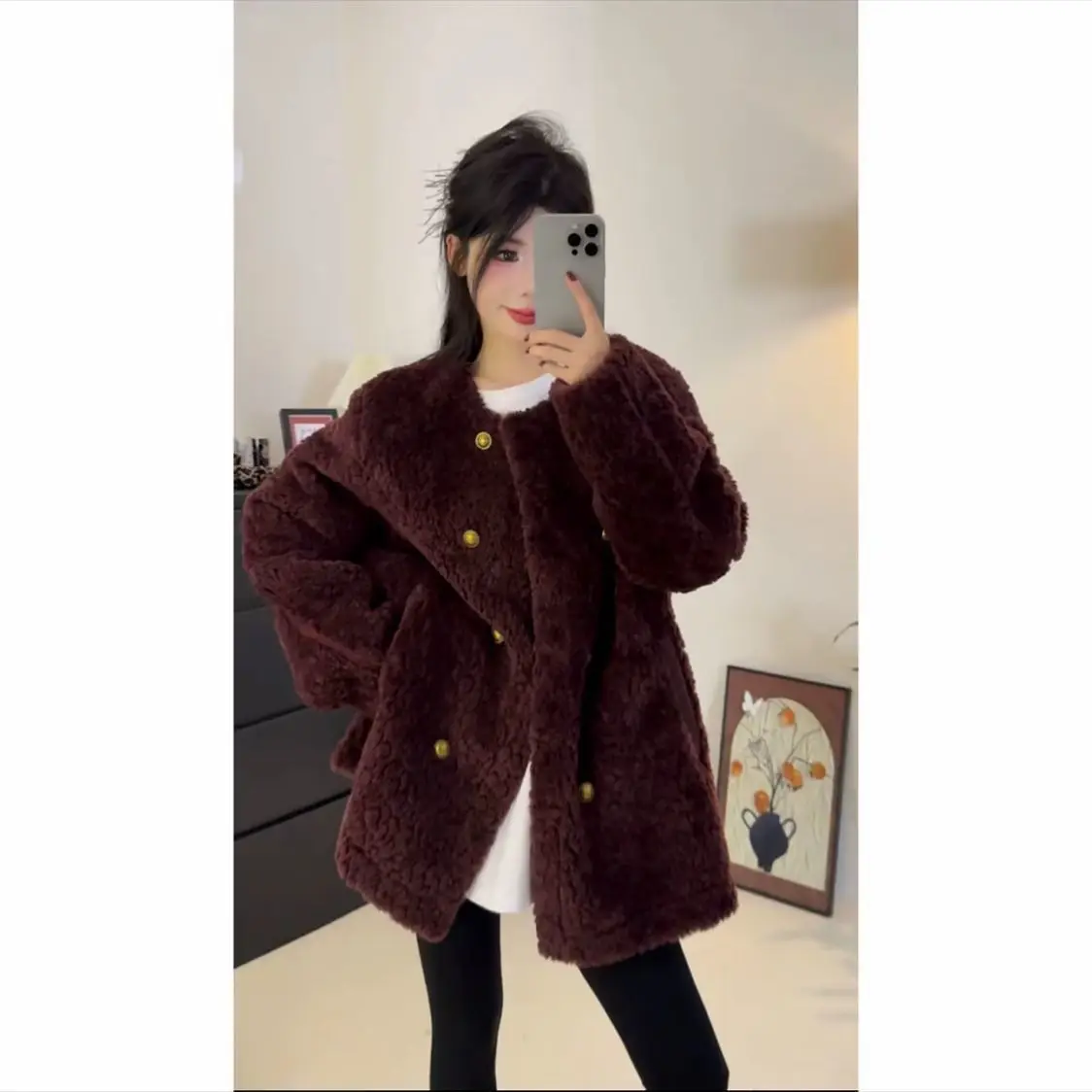 

Lamb Wool et Women Winter Coats Preppy Lady Trendy Boyfriend Solid Colorblock Safari Soft Bright Button Embellished