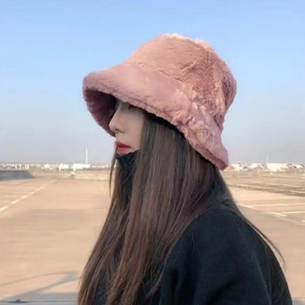 Solid Color Bucket Hat Imitation Rabbit Fur Fisherman Hats for Women Warm Winter Bucket Hat with Wide Brim Streetwear Fashion