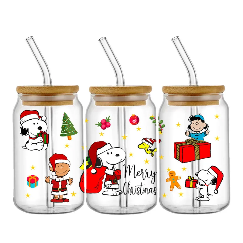 Christmas Day Snoopy 16OZ UV DTF Cup Wraps Transfer Sticker For Glass Libbey Can Bottle Selfadhesive Washable DIY Custom