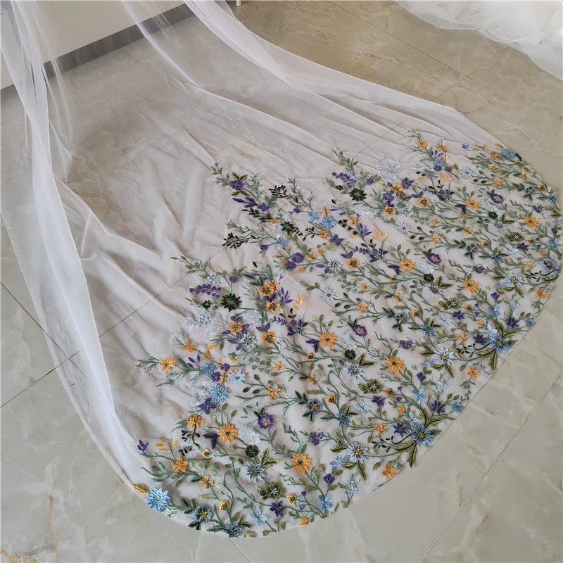 

3D Colored Wedding Bridal Veils Floral Cathedral With Comb Purple Blue Green Flower Leaves Cathedral Long For Brides Unique
