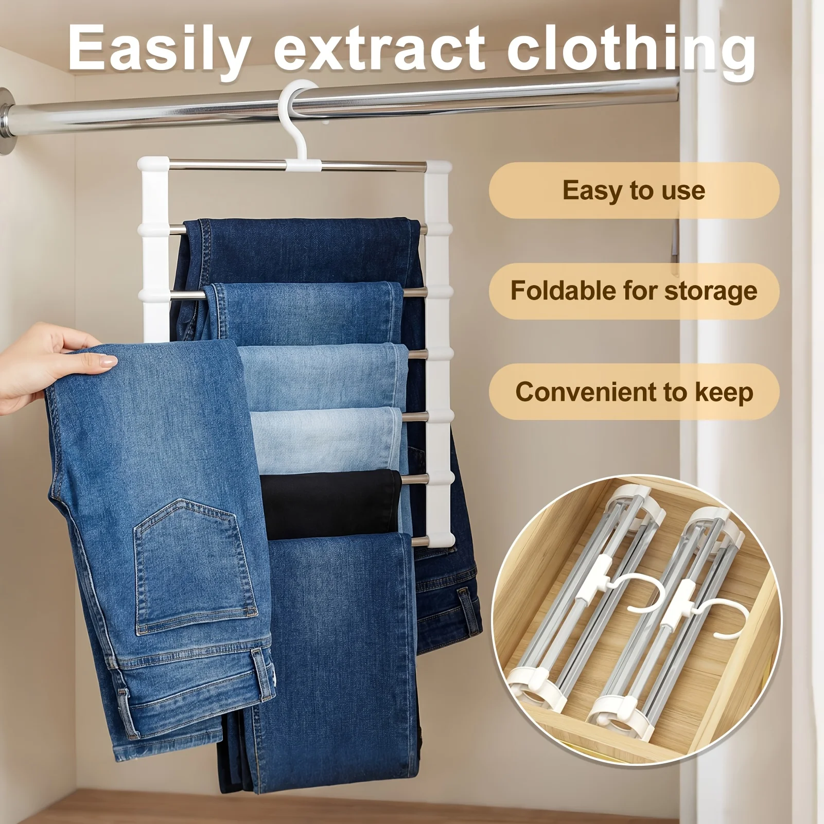 7pcs Multi-Layer Foldable Pants Rack, Stainless Steel Trousers Hanger with Clips, Space Saving Closet Organizer for Home