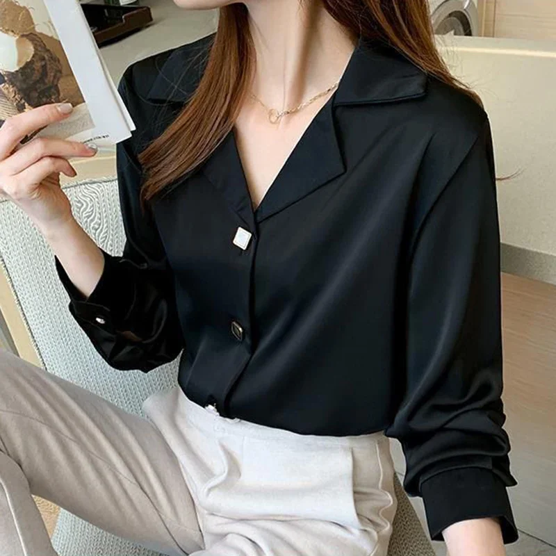 Spring Autumn Elegant Women Shirts 2024 Solid V Neck Buttons Chiffon Blouse Loose Casual Korean Trendy Black Straight Mujer Tops