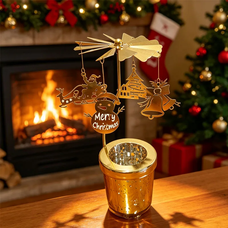 Rotating Holder Carousel Windmill Design Spinning Metal Stand Christmas Decor Tabletop Ornament Party Desktop