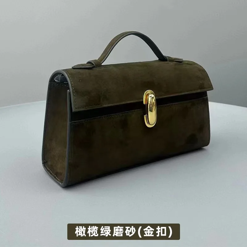 Retro Women's Bag 2024 New Luxury Light Luxury Bag Women's Suede Frosted Flip Small Square Bag Genuine Leather Handheld Bag