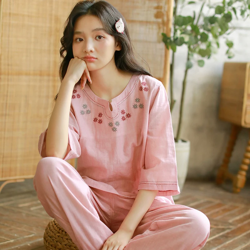 

Чистая хлопчатобумажная марля в стиле ретро с рукавами семи четвертей, длинными брюками, женскими пижамами, милой и носимой домашней одеждой