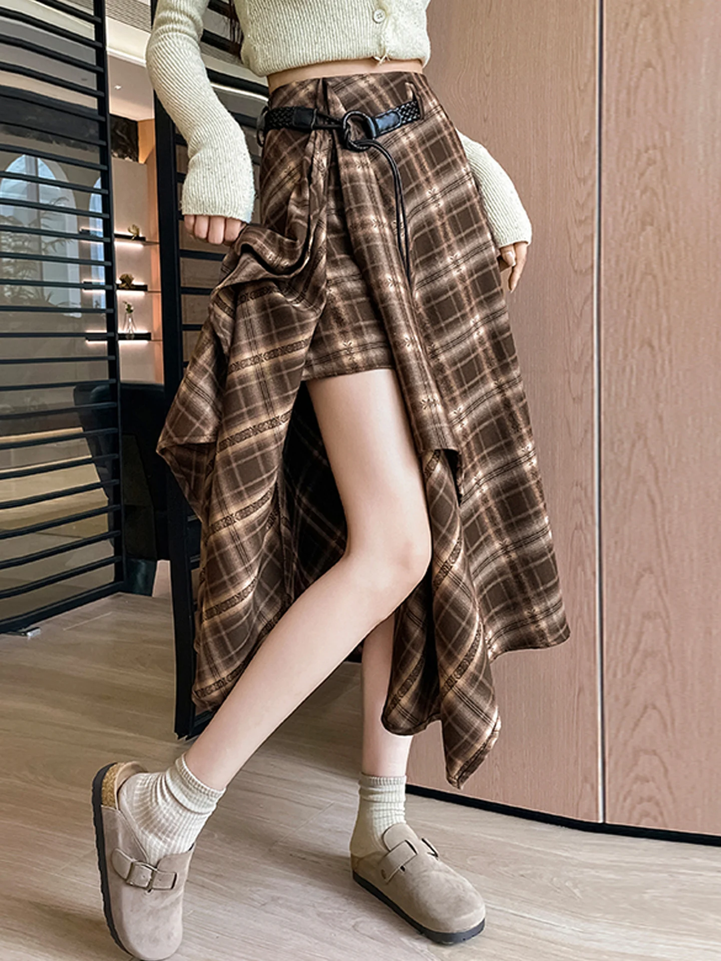 

Юбка женская миди А-силуэта в клетку, коричнево-кофейного цвета, с завышенной талией, весенняя, в американском повседневном стиле