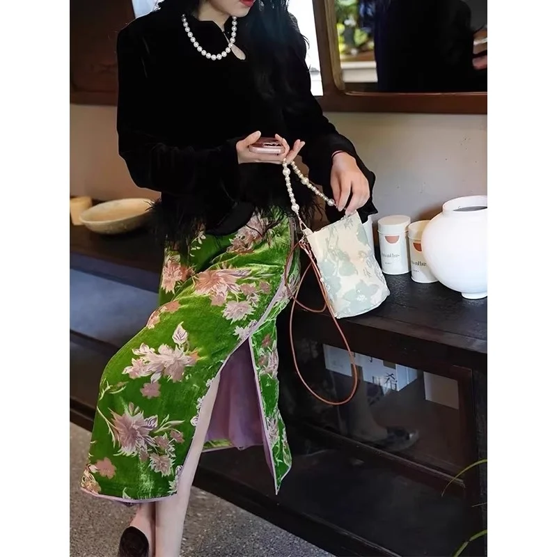 

Шелковая бархатная юбка с пуговицами-кисточками в китайском стиле, новая весенняя коллекция от National Beau Rhythm, с высокой талией, А-силуэт