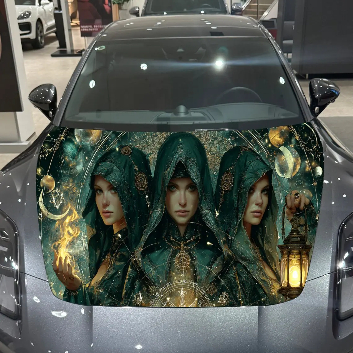 Green Clothes Fantasy Realm Three Witches Print car hood stickers, waterproof self-adhesive, scratch resistant, easy to stick, d