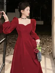 Topanoma Temperament Evening Dresses Women Vintage Square Collar Velvet Banquet Wedding Party Cocktail Birthday Elegant Ladies