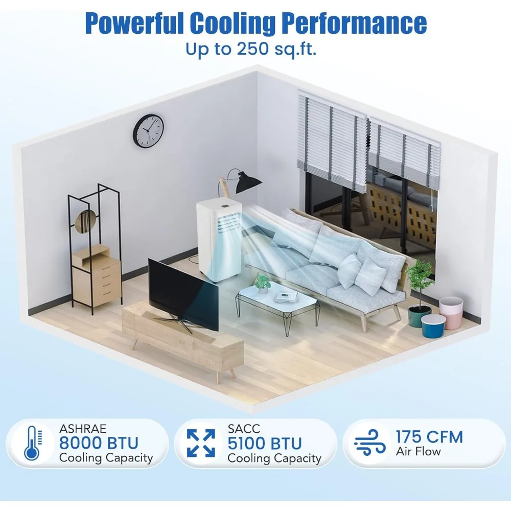 HAOYUNMA pendingin ruangan portabel, AC 8000 BTU dengan kipas & Dehumidifier, Timer 24 jam & Remote kontrol, jendela