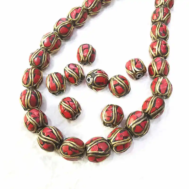 Nepal Hand Brass Beads 10PCS Inlay Red Coral Color Stone for DIY Jewelry Accessories Bracelets NBB336