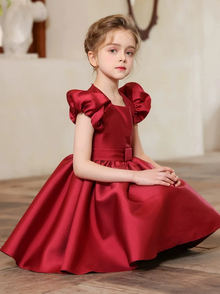 Sweet Girls Red Evening Party Dress Princess Kids Wedding Photograph Dress Little Fairy Children Formal Gown Stage Show Costume