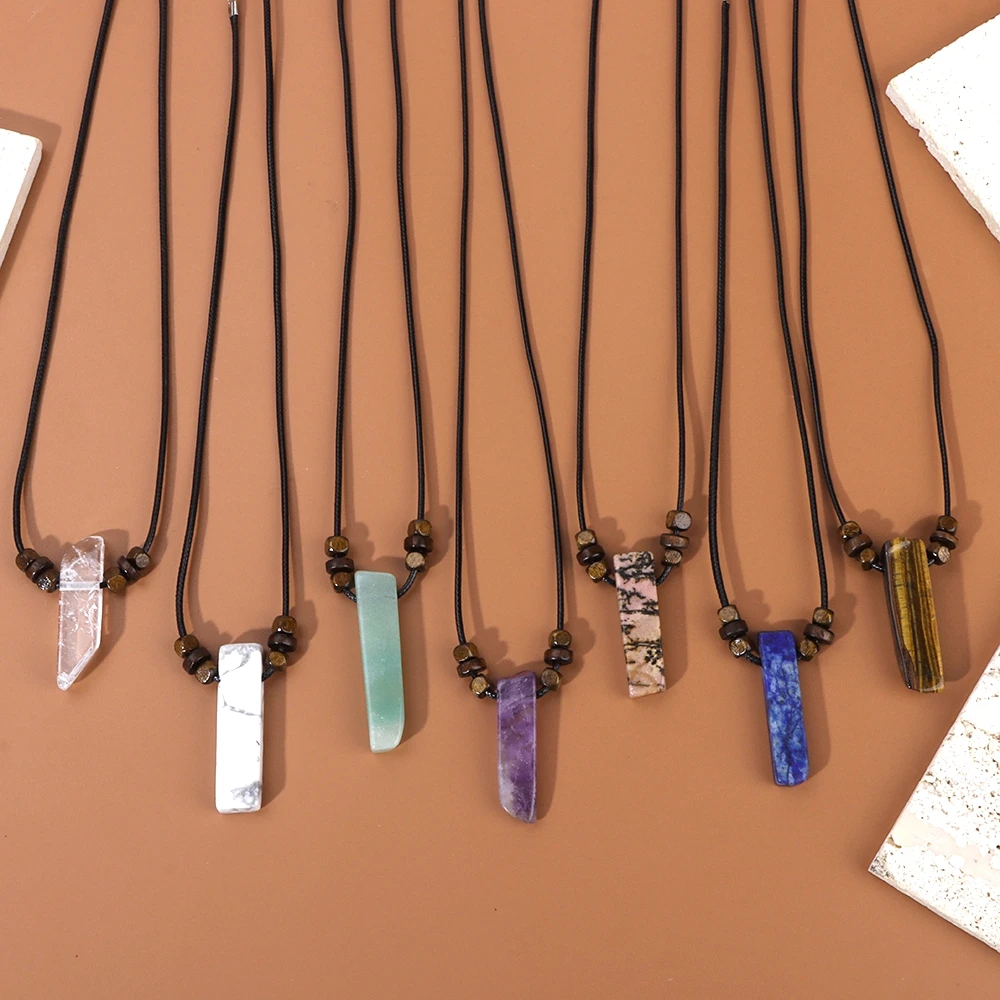 

Wholesale Natural Raw Minerals Stone Pendant Necklaces Fashion Wooden Spacer Beads Leather Rope Pendants for Women Men Jewelry