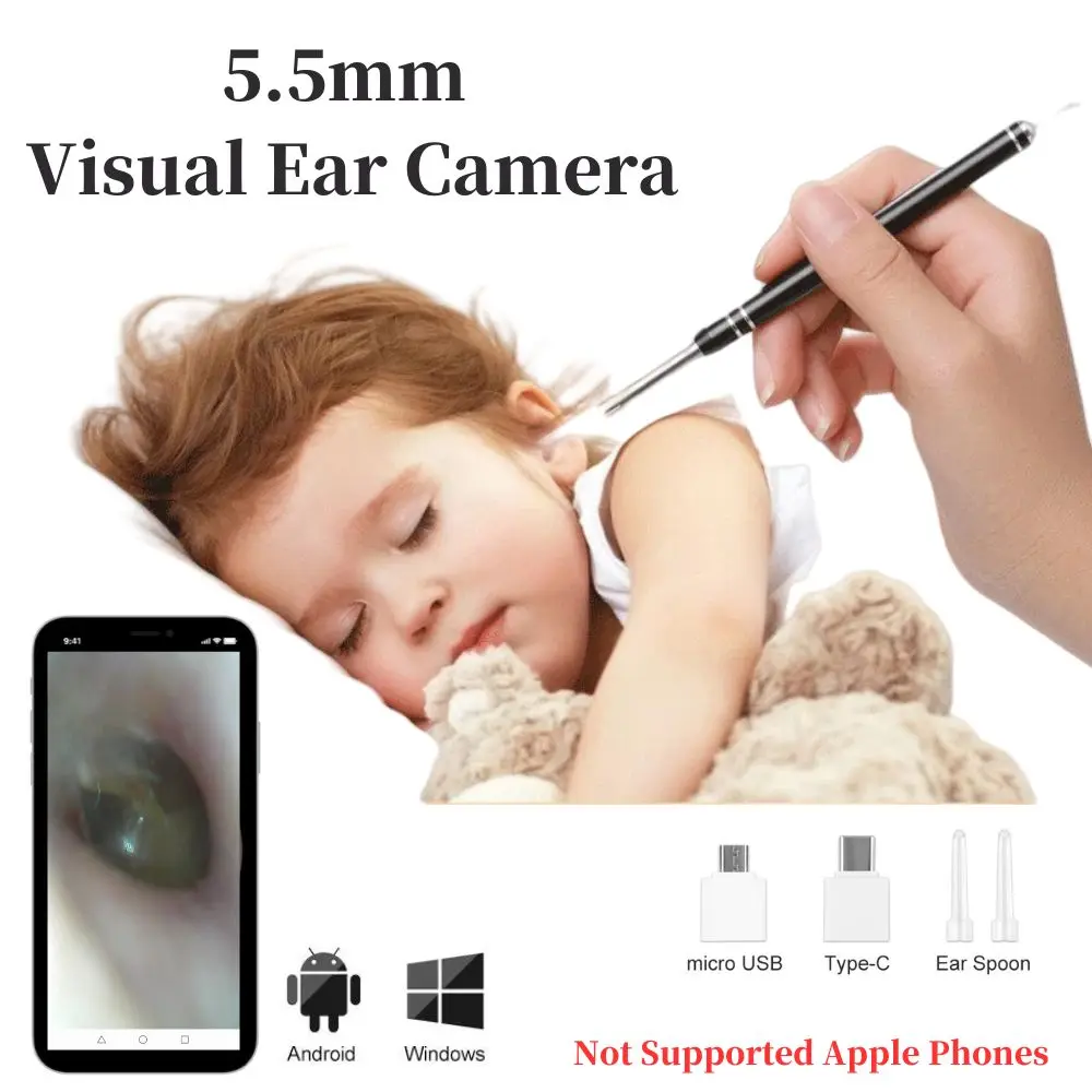 Ear Wax Removal Tool Smart Ear Cleaner Ear Camera Scope with Light Smartphone Ear HD Video Otoscope Wax Cleaner For Android PC