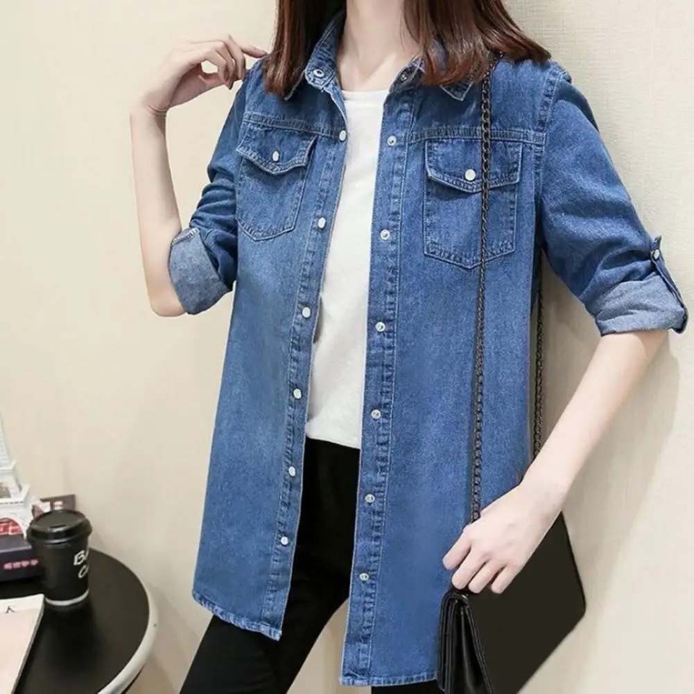 Lightweight Denim Blouse Stylish Women's Denim Shirt Coat with Pockets Loose Fit Long Sleeve Outwear for Commuting for Casual