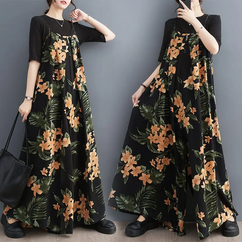 

Oversized 2023 Summer Strap Pants Fashion Loose Versatile One Piece Wide Leg Trousers Women Printed Sleeveless Jumpsuits Z1574